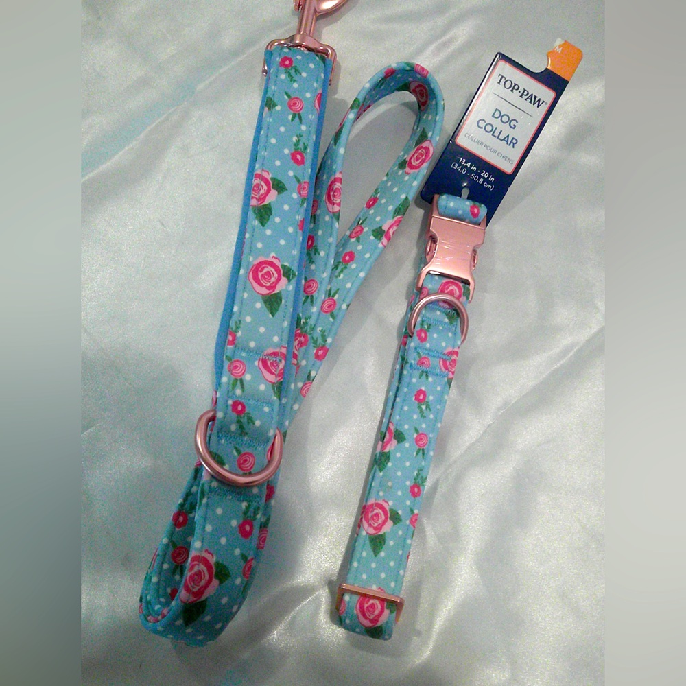 Top Paw Blue Rose Dog Collar (M) and Leash Set - Picture 3 of 5